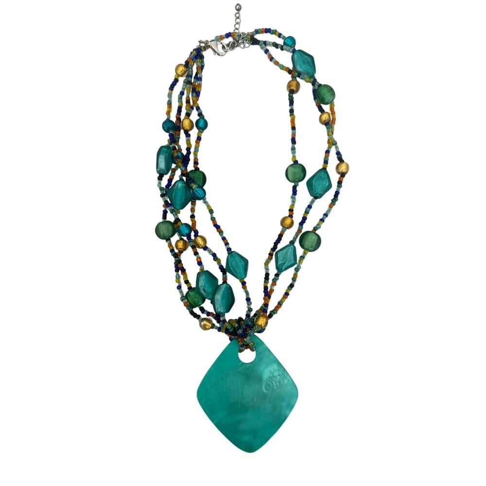 Glass Bead Multi Strand Necklace Turquoise Pendant Adjustable Length
